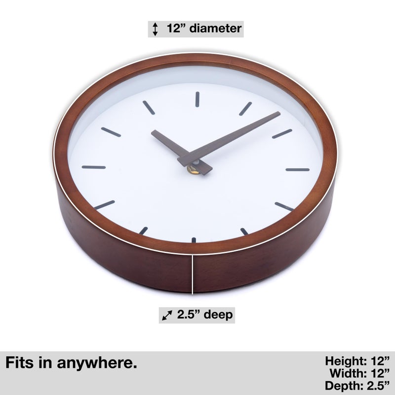 Driini Modern Mid Century Wood Analog Wall Clock (12") - Battery Operated with Silent Sweep Movement - Small Decorative Wooden Clocks for Bedrooms, Bathroom, Kitchen, Living Room, or Office - Image 3